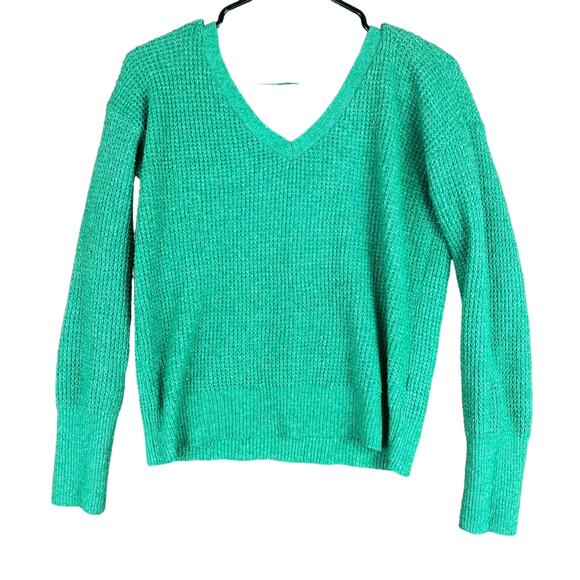 Anthropologie Maeve Womens Sweater Green Knit VNneck Criss Cross Back Stretch M - Picture 1 of 13